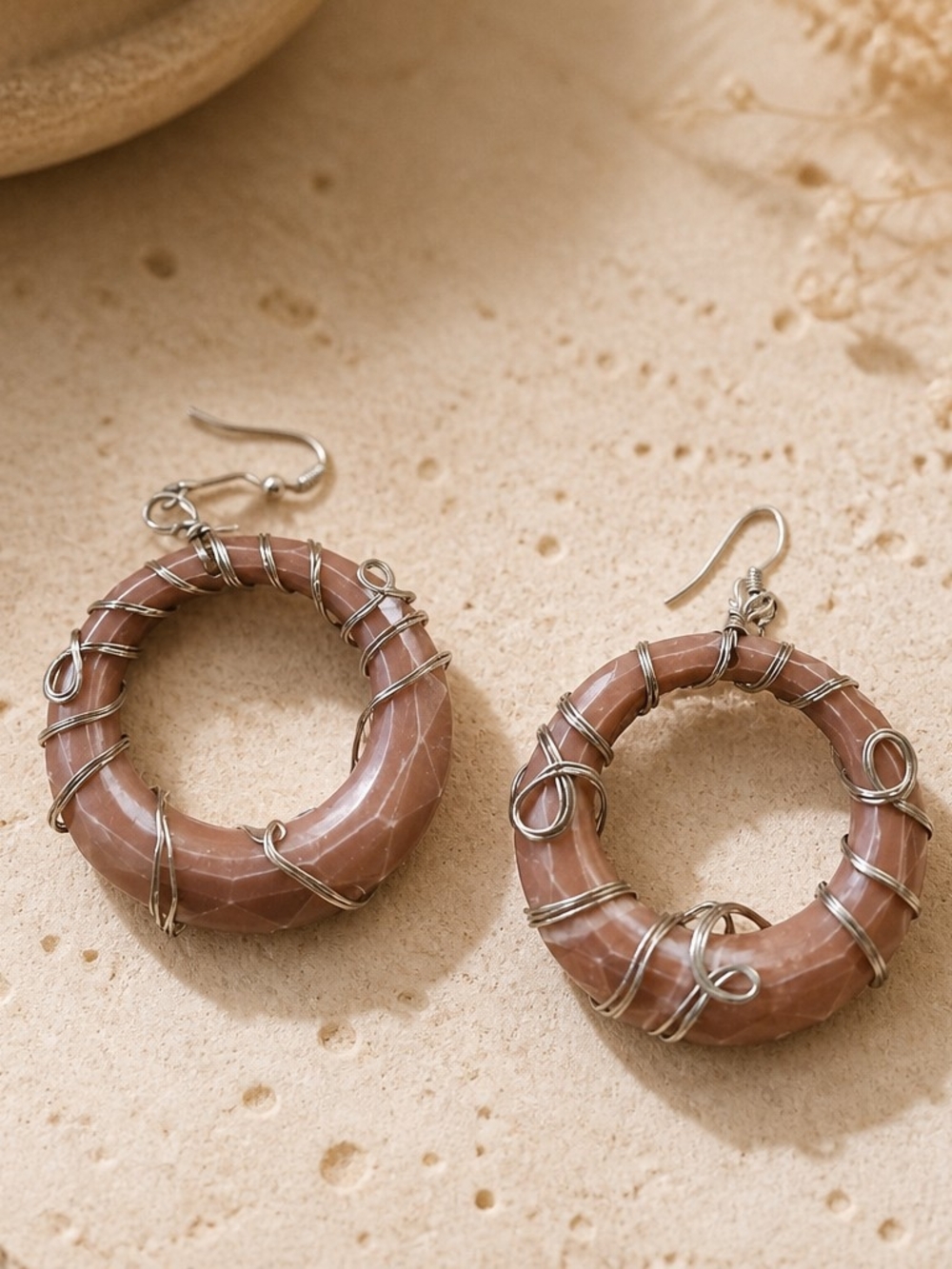 Handcrafted Wire-Wrapped Brown Faceted Hoop Earrings - Picture 2 of 3